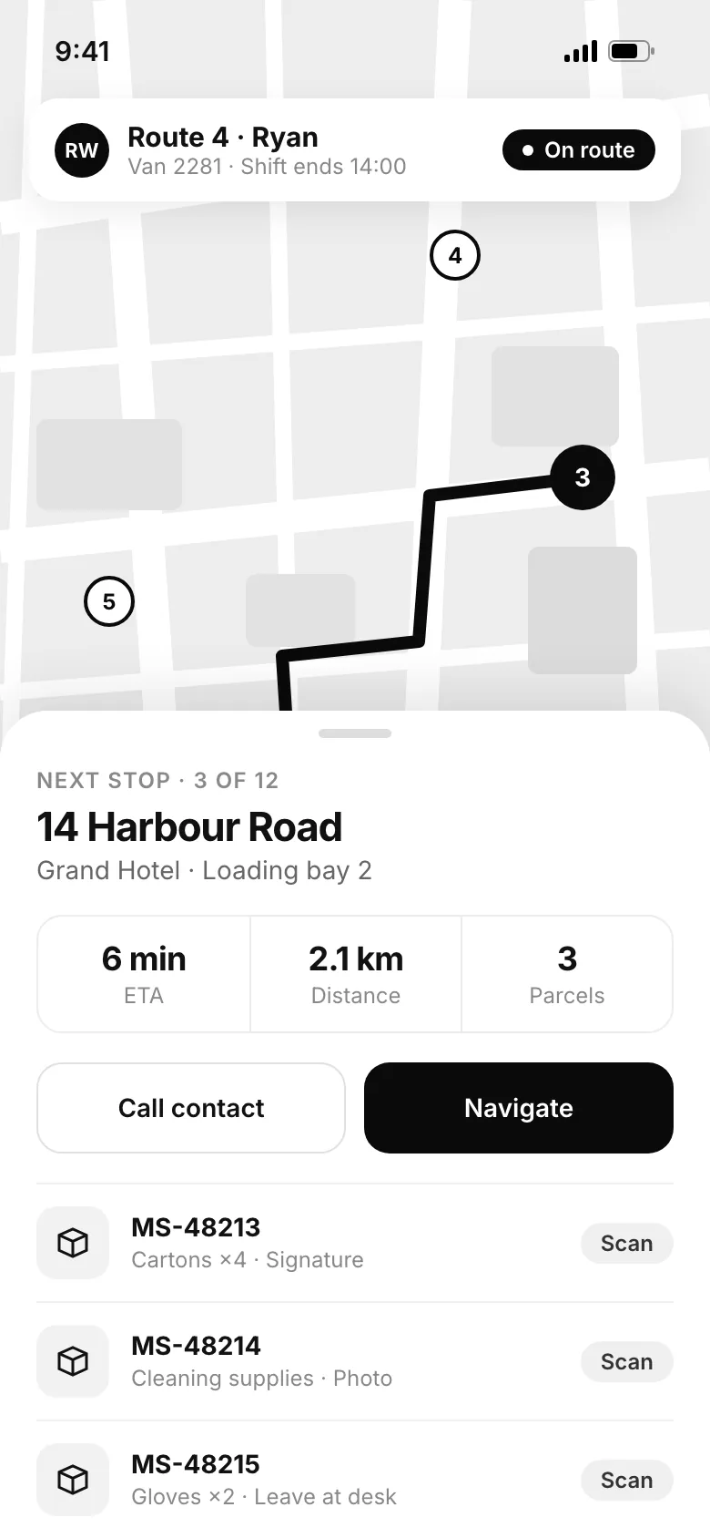 Delivery driver app showing the route map and next stop