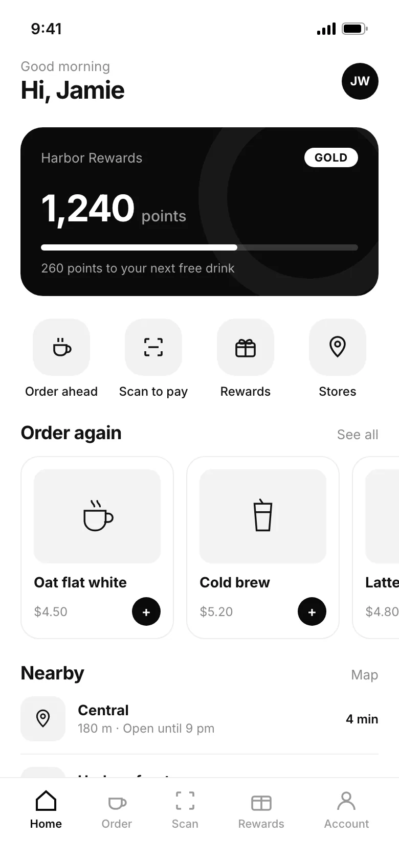 Customer loyalty app home screen with points balance and quick ordering
